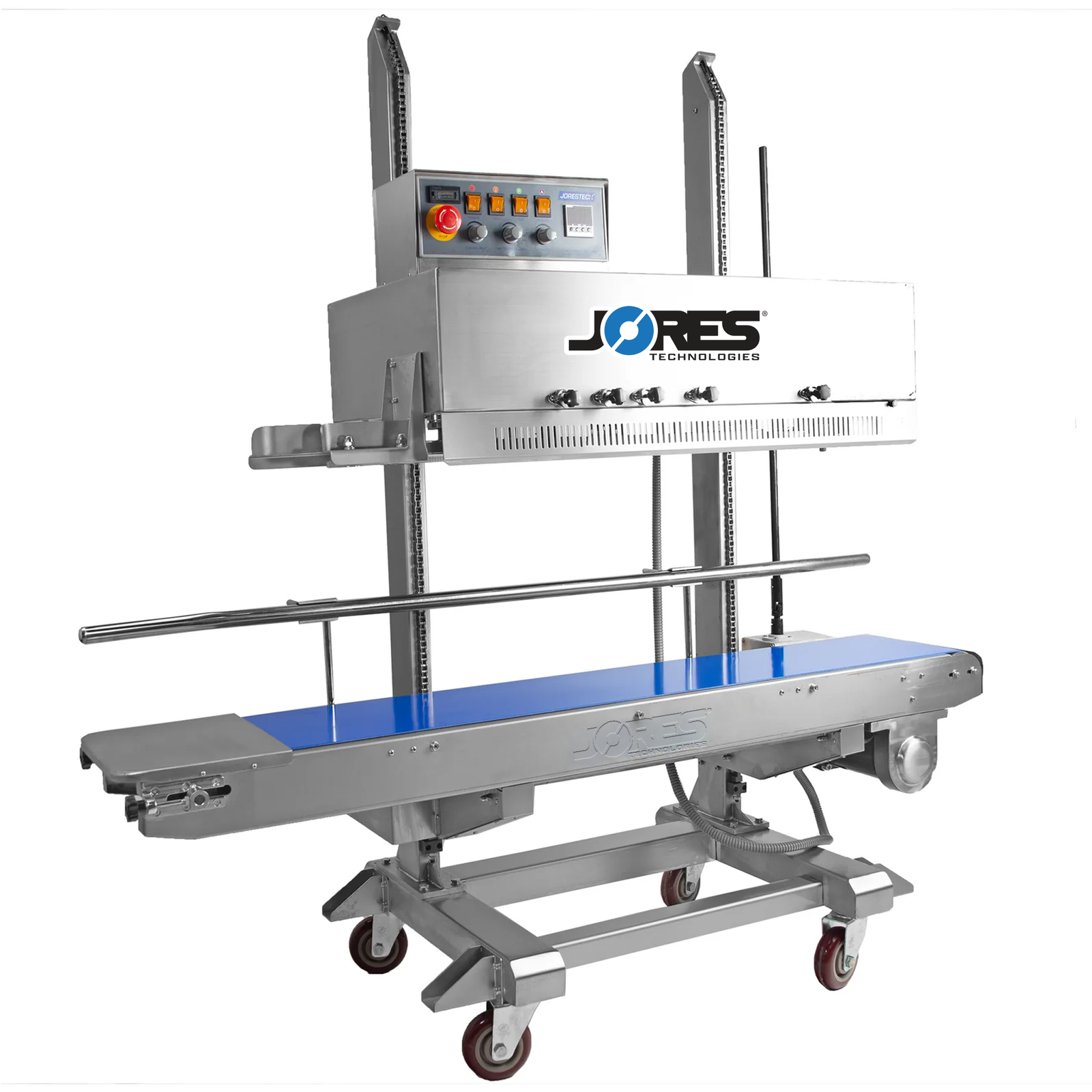 Stainless steel vertical left to right continuous band sealer with coder and wheels
