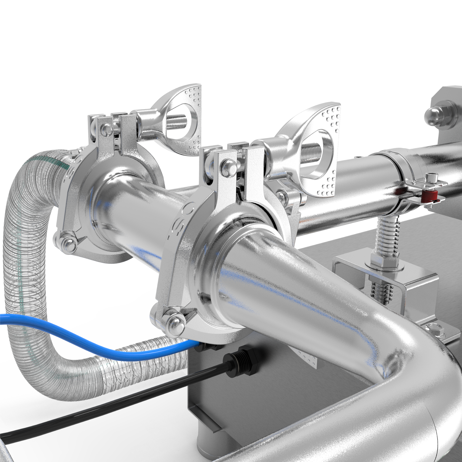 Closeup of the triclamps and main input hose of the JORES TECHNOLOGIES® Piston filler