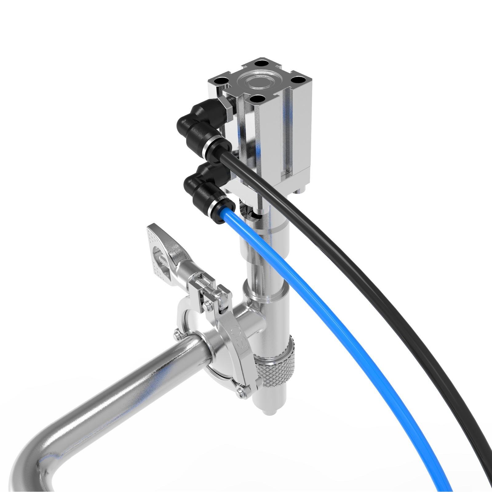 Closeup of the Non-drip liquid dispensing nozzle, compressed air hoses, and triclamp attachment for tool-less machine disassembly