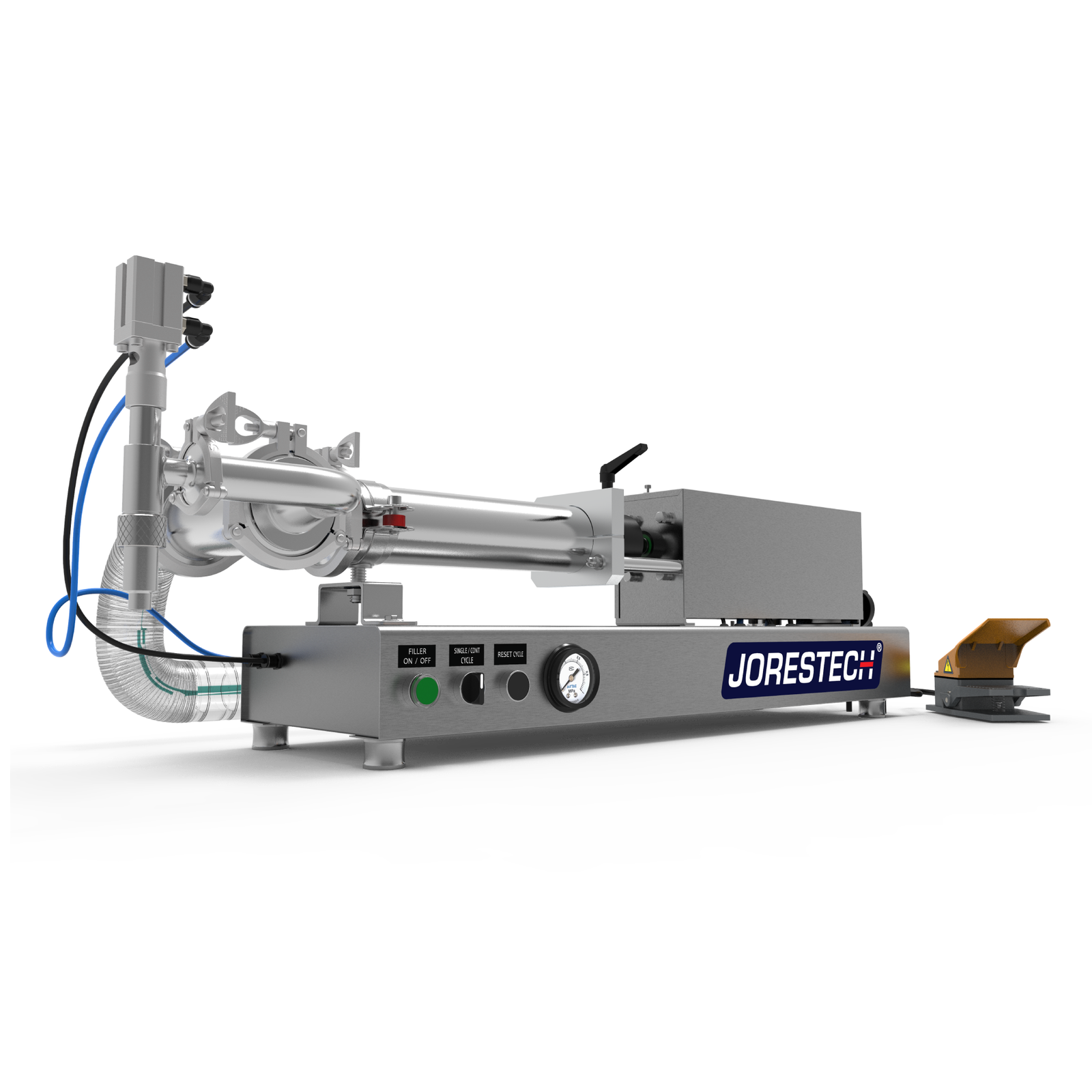 Low viscosity JORES TECHNOLOGIES® piston filling machine. The piston filler is made out of 316 and 304 stainless steel and there's a yellow and grey foot pedal resting on the side.