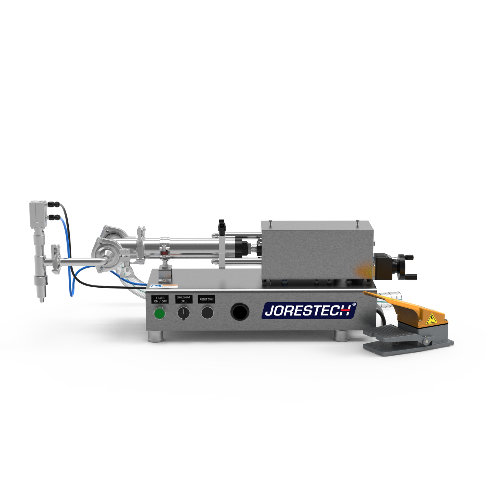 Low viscosity JORES TECHNOLOGIES® piston filling machine with 316 and 304 SS. The piston filler is made out of stainless steel and there's a yellow and grey foot pedal resting on the side.