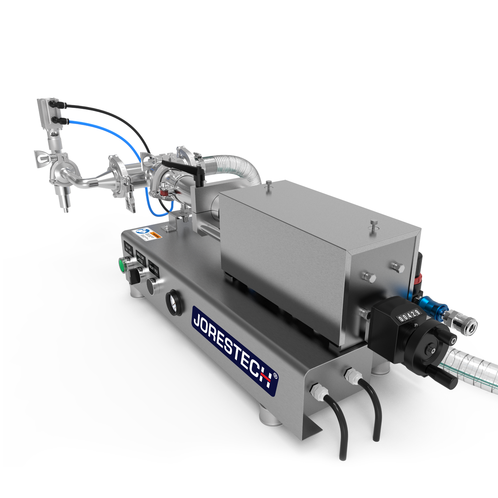 Low viscosity JORES TECHNOLOGIES® liquid filling machine 316 SS for 250ml. The fill volume adjuster, main input hose, and compressed air connector can be easily appreciated