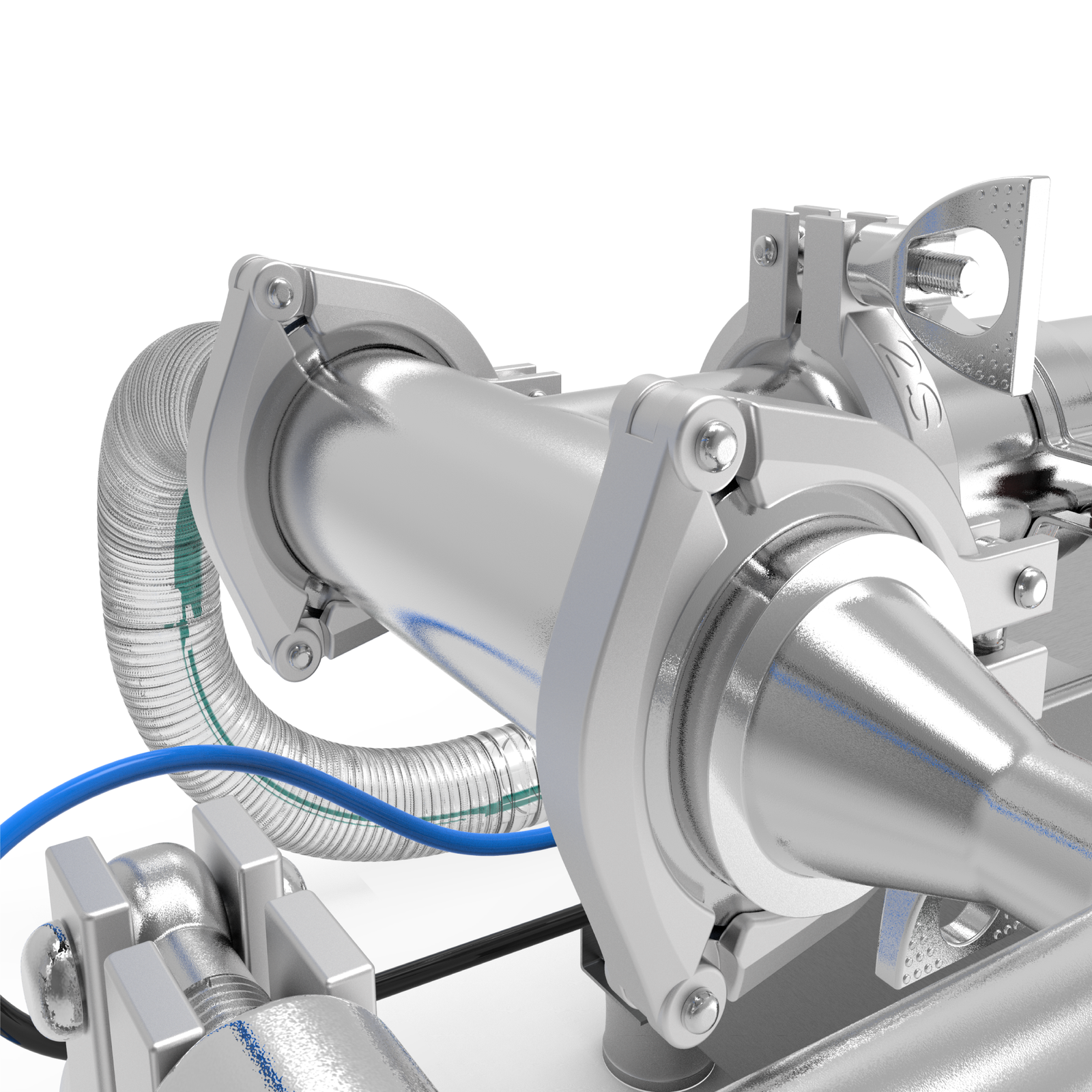 Closeup of the triclamps and main input hose of the JORES TECHNOLOGIES® Piston filler