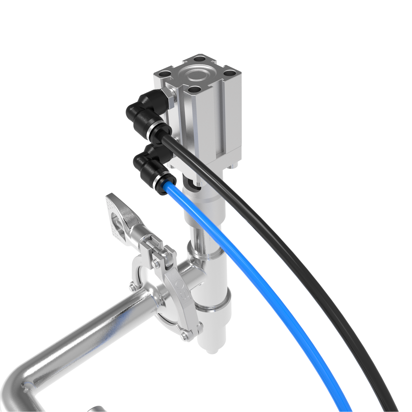 Closeup of the Non-drip liquid dispensing nozzle, compressed air hoses, and triclamp attachment for tool-less machine disassembly