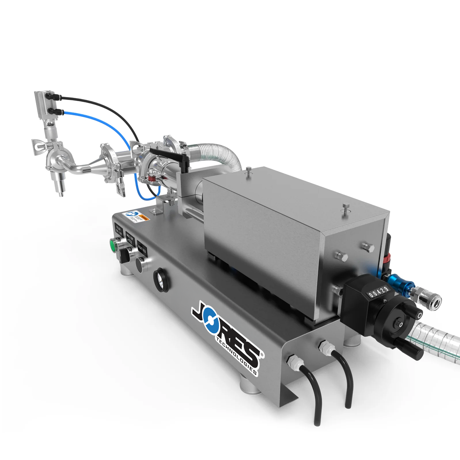 Low viscosity JORES TECHNOLOGIES® liquid filling machine 316 SS for 250ml. The fill volume adjuster, main input hose, and compressed air connector can be easily appreciated