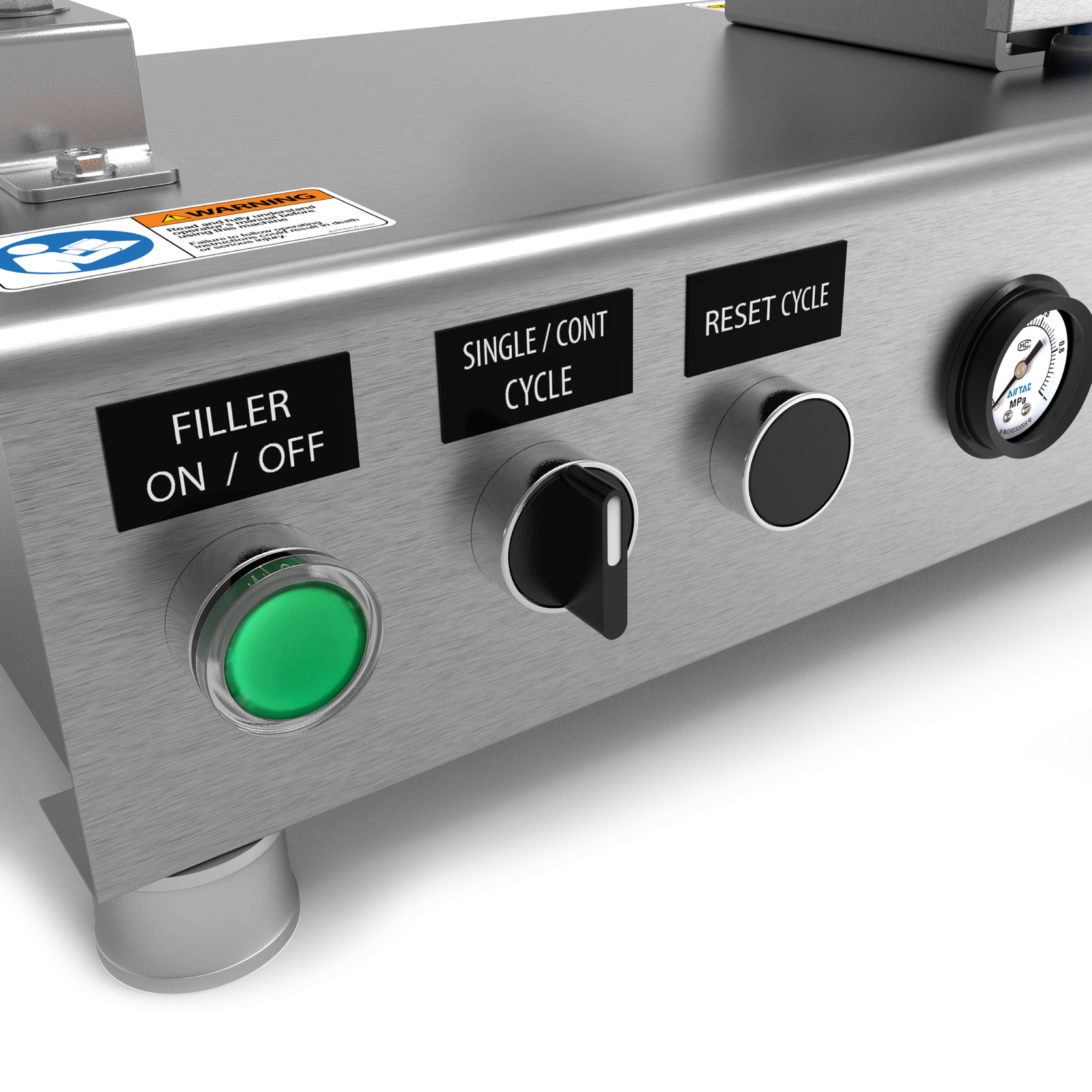 Closeup of the control panel where the Power Switch, Single/Continuous Cycle, and Reset Cycle buttons are visible. The pressure gauge is also visible as part of the control panel