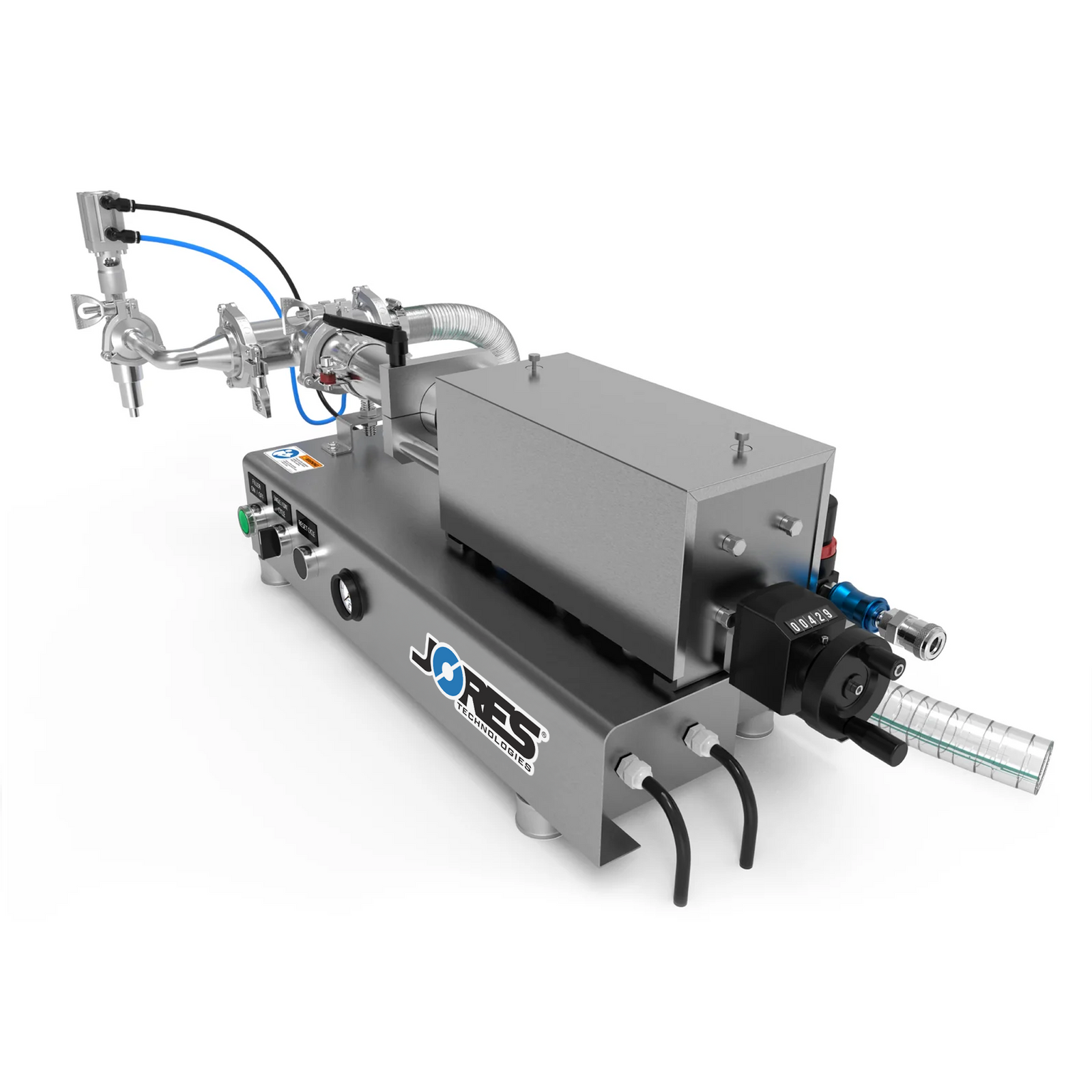 Low viscosity JORES TECHNOLOGIES® liquid filling machine shown from the back. The fill volume adjuster, main input hose, foot pedal, and compressed air connector can be easily appreciated.