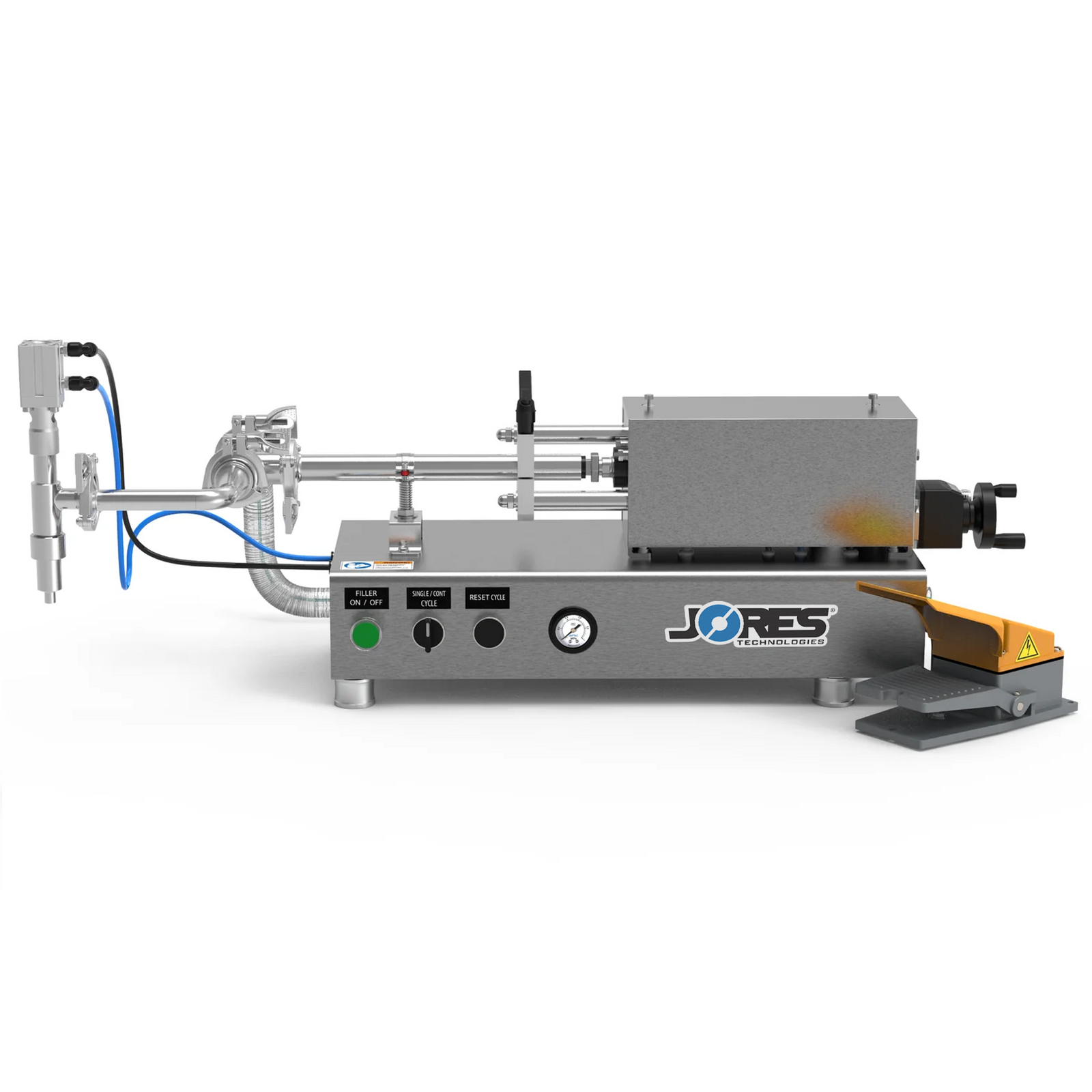 Low viscosity JORES TECHNOLOGIES® piston filling machine in a frontal. The piston filler is made out of stainless steel and there's a yellow and grey foot pedal resting on the side.