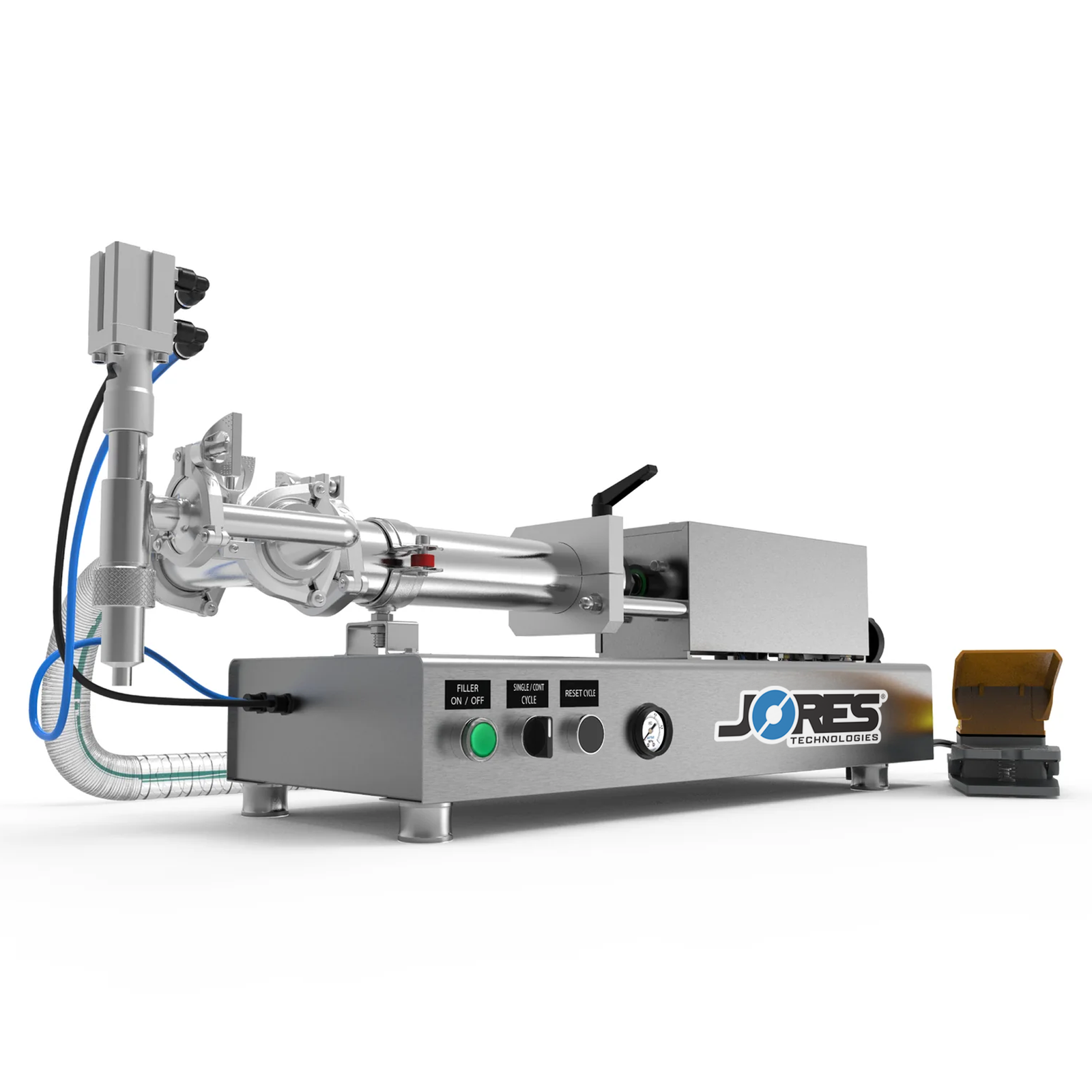 Low viscosity table top piston filler by JORES TECHNOLOGIES®. The piston filling machine is made out of 316 and 304 stainless steel and there's a yellow and grey foot pedal is part of this filling machine.