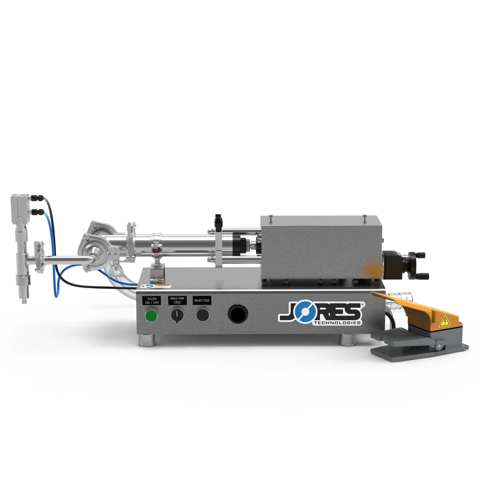 The stainless steel low viscosity JORES TECHNOLOGIES® piston filling machine in a frontal view. The piston filler is made out of stainless steel and there's a yellow and grey foot pedal resting on the side.