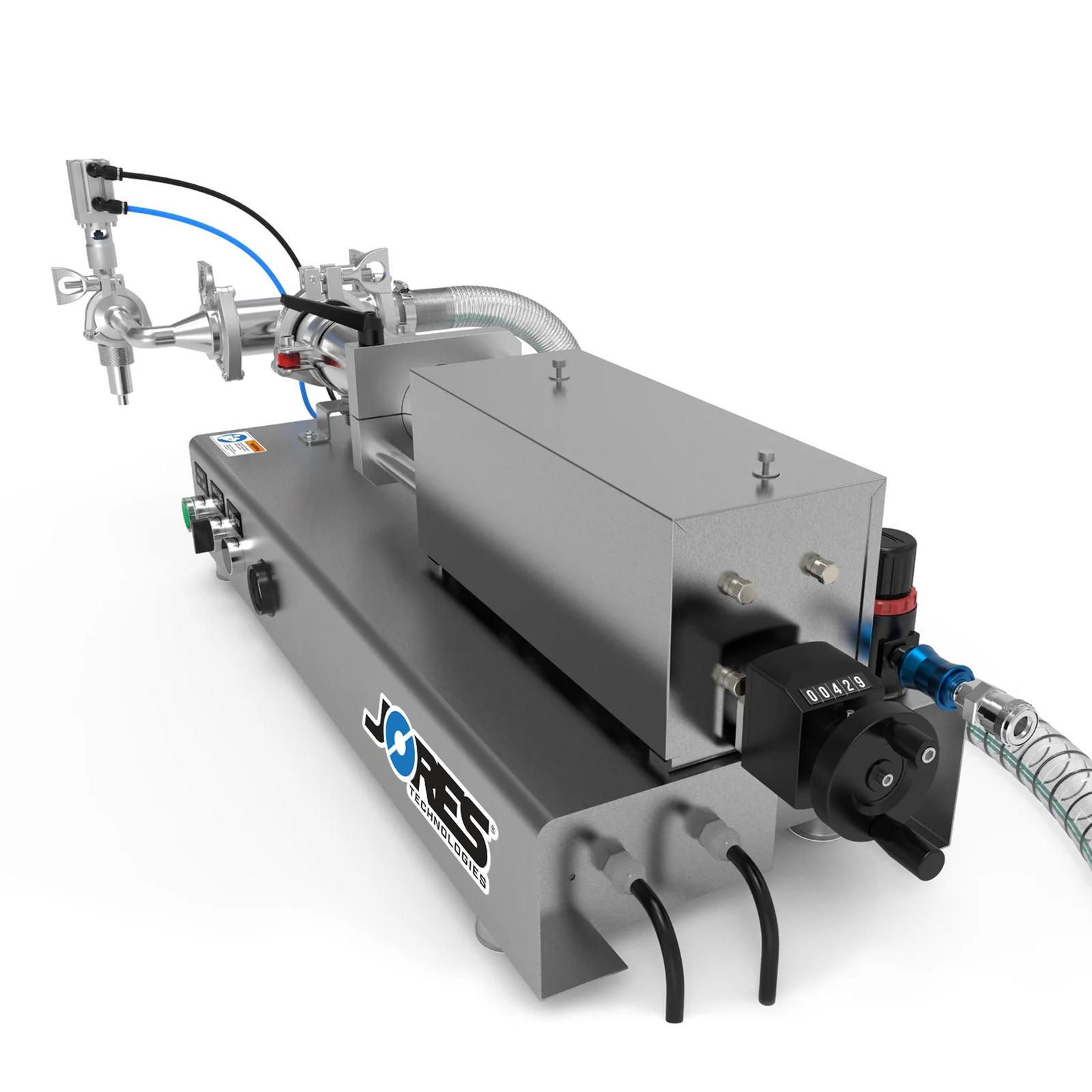 Low viscosity JORES TECHNOLOGIES® liquid filling machine shown from the back. The fill volume adjuster, main input hose, and compressed air connector can be easily appreciated.