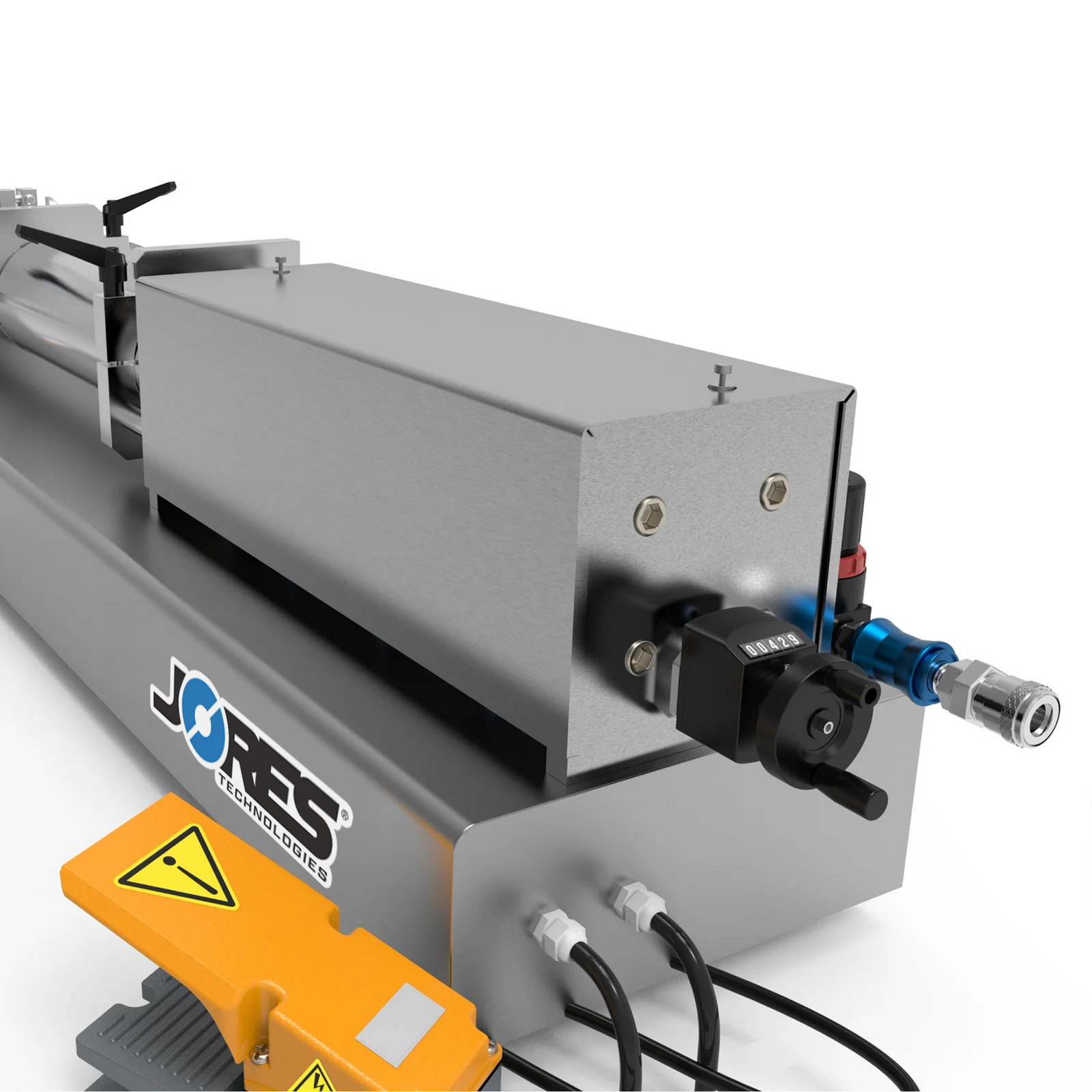 Low viscosity JORES TECHNOLOGIES® liquid filling machine shown from the back. The fill volume adjuster, main input hose, foot pedal, and compressed air connector can be easily appreciated.