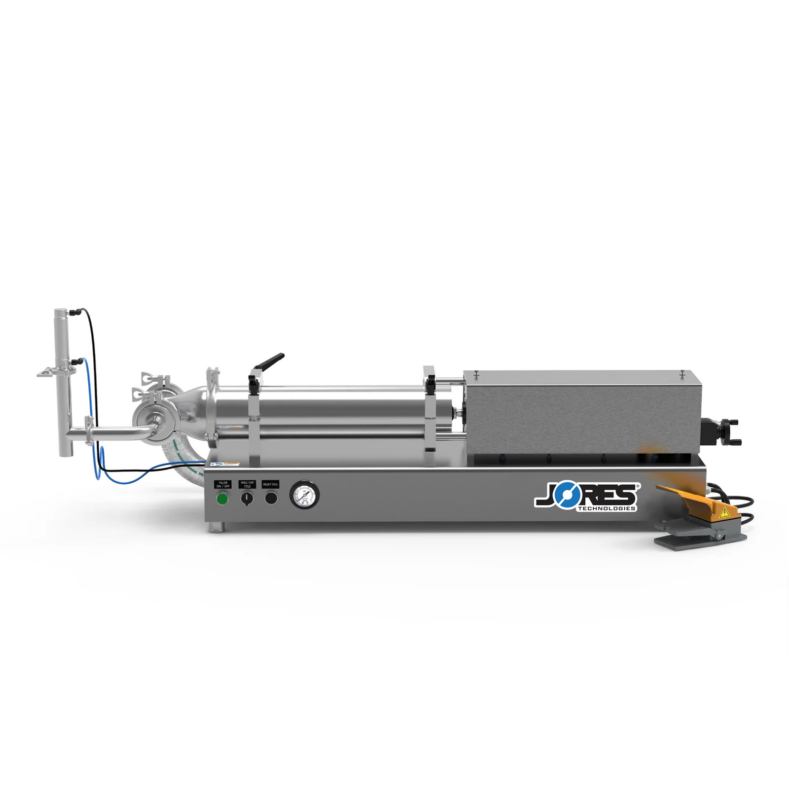 Low viscosity JORES TECHNOLOGIES® piston filling machine in a frontal. The piston filler is made out of stainless steel and there's a yellow and grey foot pedal resting on the side.