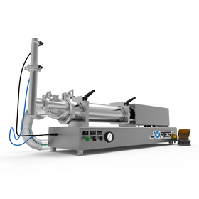 Low viscosity JORES TECHNOLOGIES® piston filling machine with 316 and 304 SS. The piston filler is made out of stainless steel and there's a yellow and grey foot pedal resting on the side which is part of the filler.