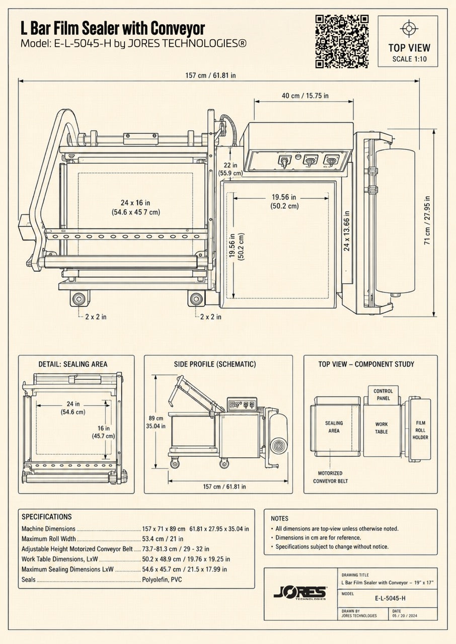 L Bar Film Sealer with Conveyor – 19” x 17”