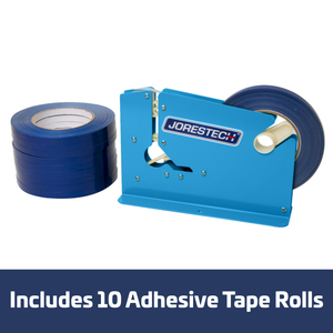 A powder coated bag closer next to 10 blue tape rolls. Blue and white banner reads: includes 10 adhesive tape rolls