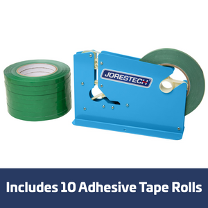 A powder coated bag closer next to 10 green tape rolls. Blue and white banner reads Includes 10 adhesive tape rolls.