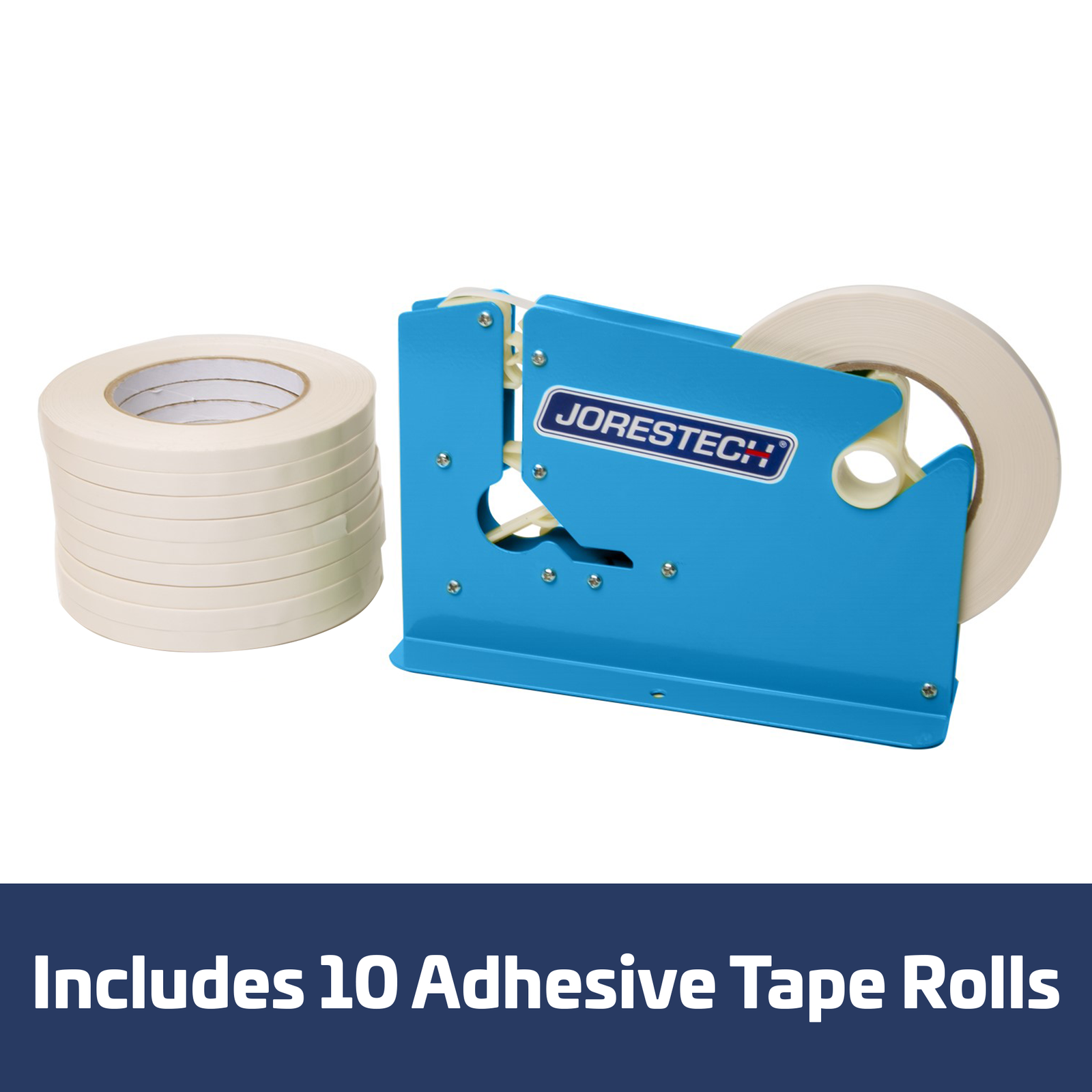 A powder coated bag closer next to 10 white tape rolls. Blue and white banner reads Includes 10 adhesive tape rolls.