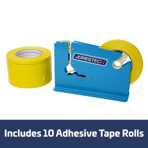 A powder coated bag closer next to 10 yellow tape rolls. Banner reads Includes 10 adhesive tape rolls.