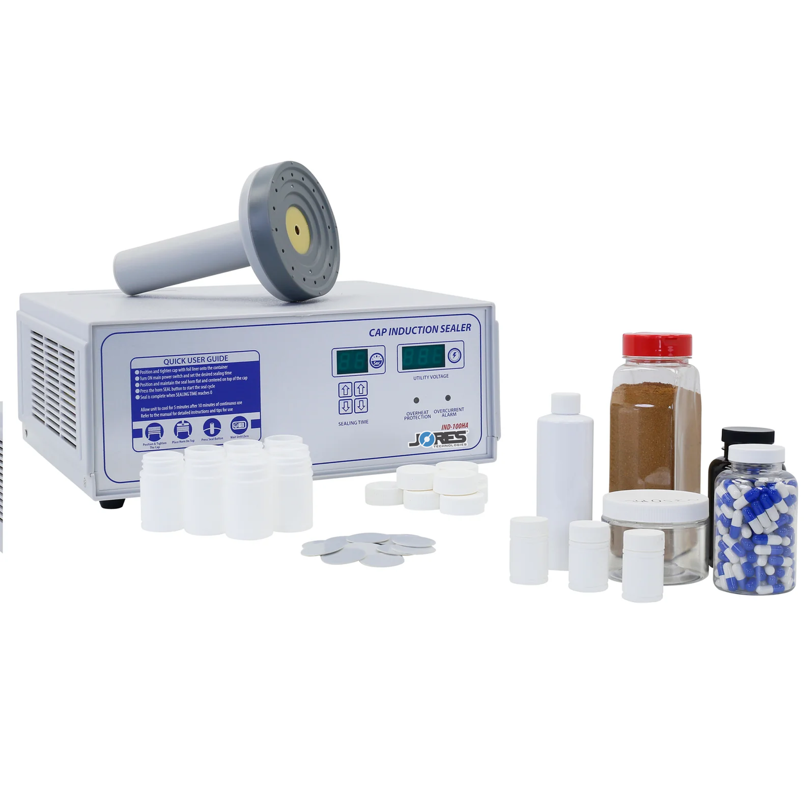 Manual induction sealing machine on the left and several sealed plastic containers with induction liners of the right