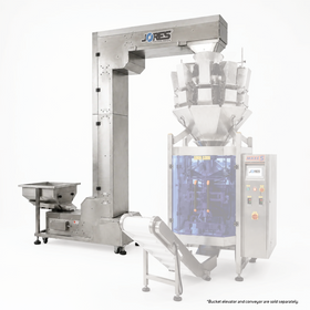 Jores Technologies MAXE-5-W-5202 automated packaging line system, featuring a multi-head combination weigher scale, vertical form fill and seal bagging machine, bucket elevator, and vibratory hopper feeder.