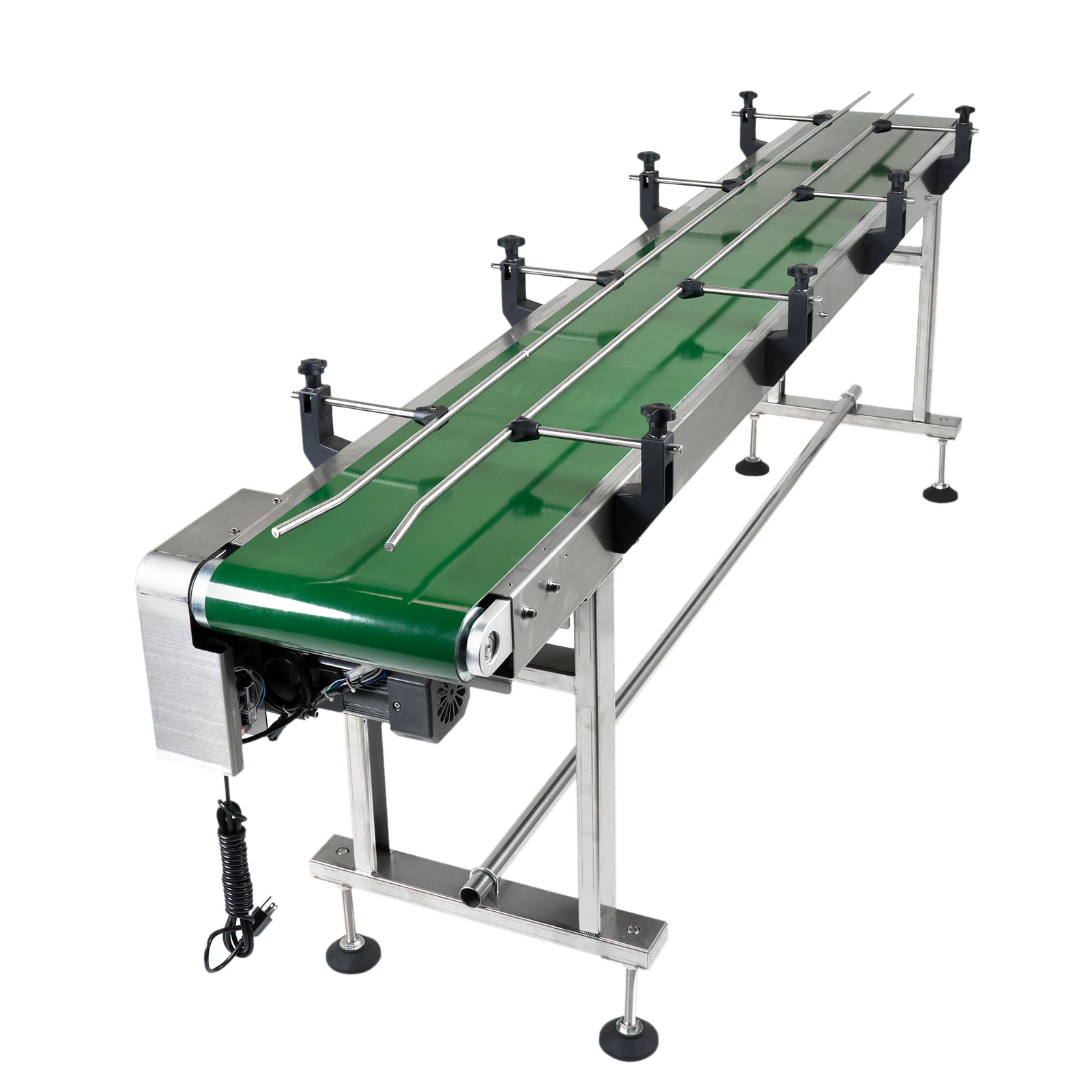 long motorized stainless steel belt conveyor with green rubber belt by JORES TECHNOLOGIES®