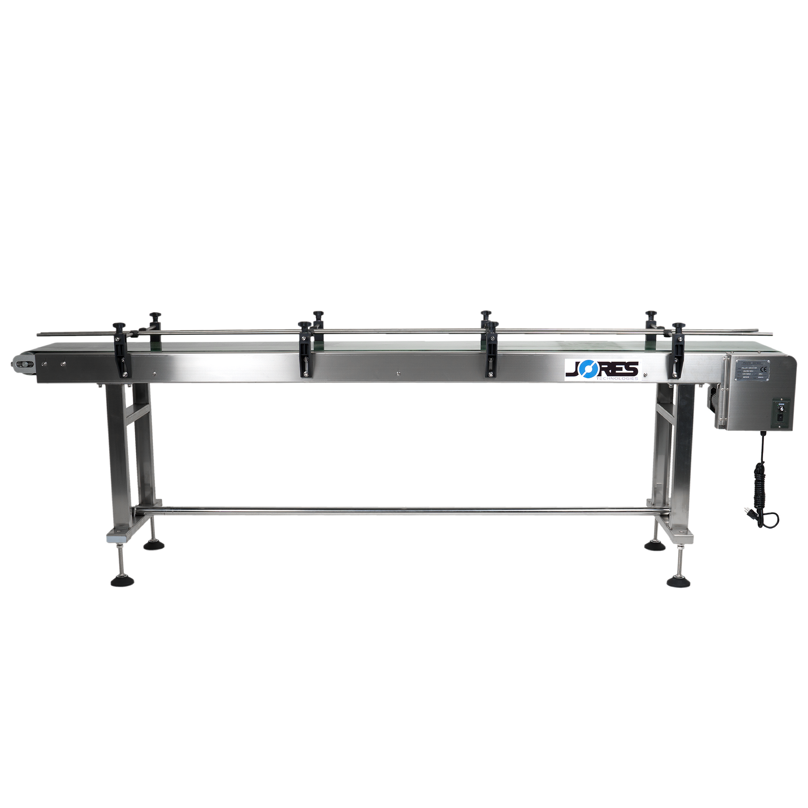 long motorized stainless steel belt conveyor side VIew by JORES TECHNOLOGIES®