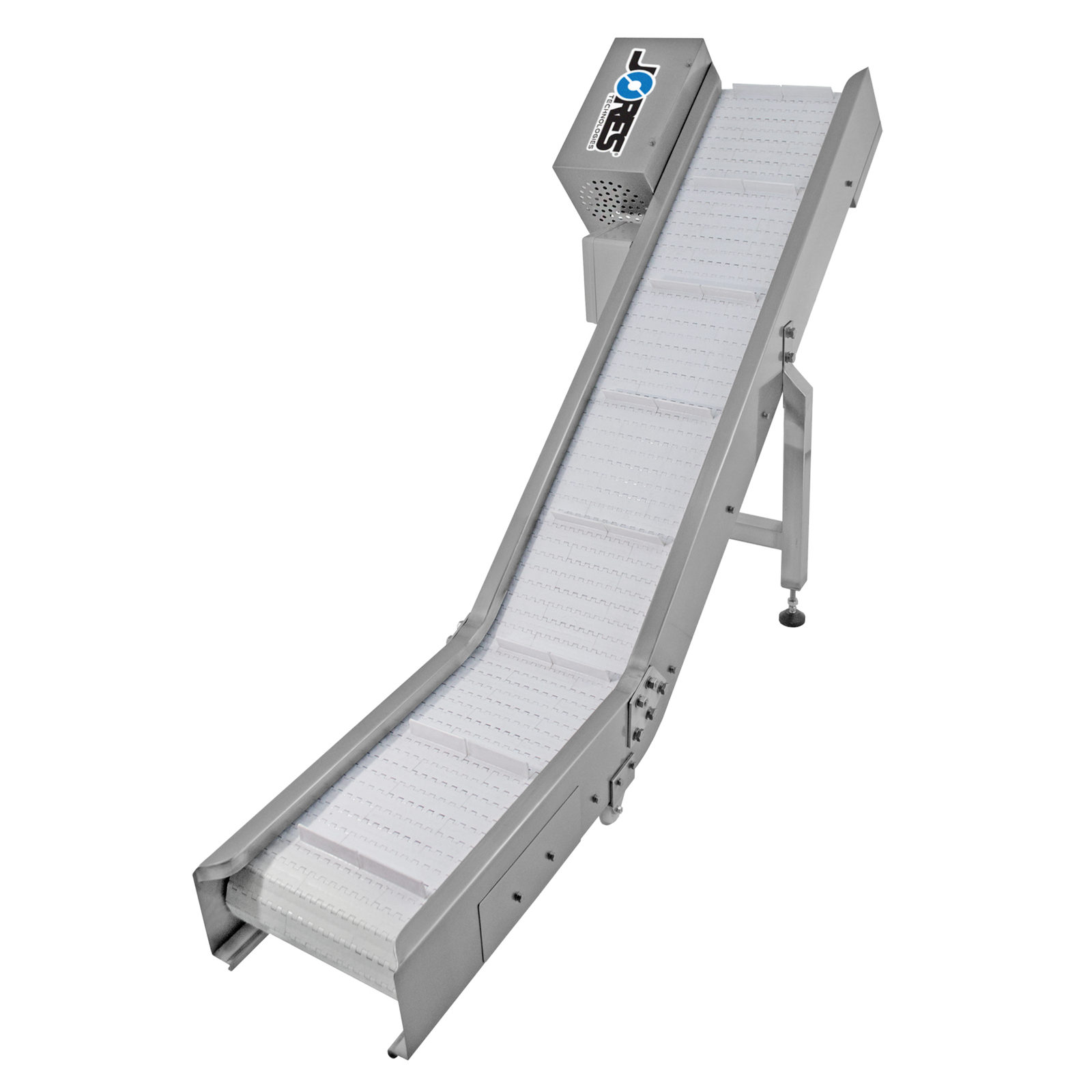 motorized take away incline conveyor with stainless steel frame and white pvc conveyor chain with blue JORES TECHNOLOGIES® logo