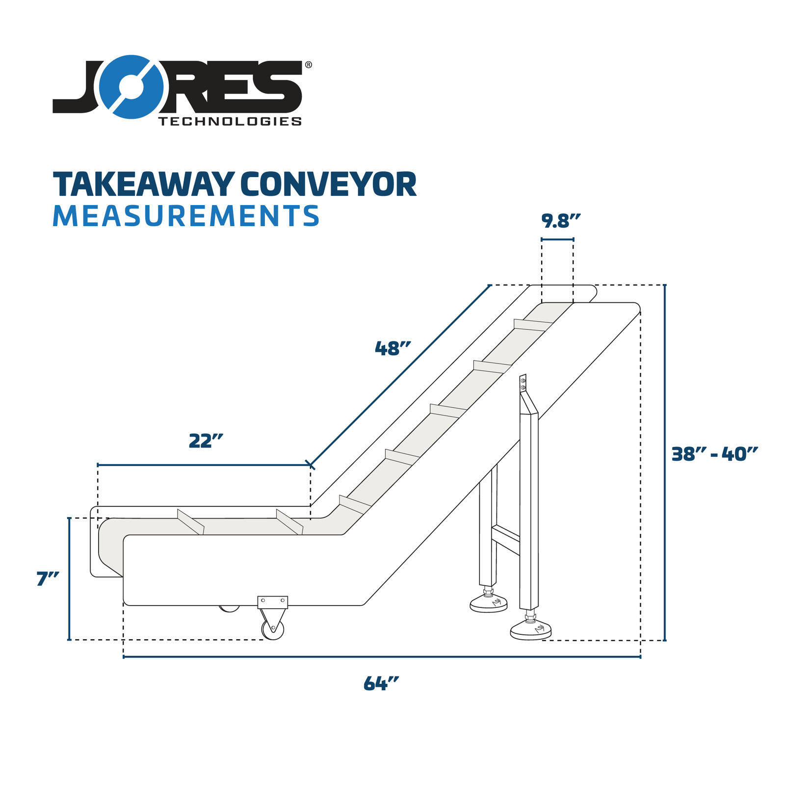Measurements of the motorized take away conveyor by JORES TECHNOLOGIES®