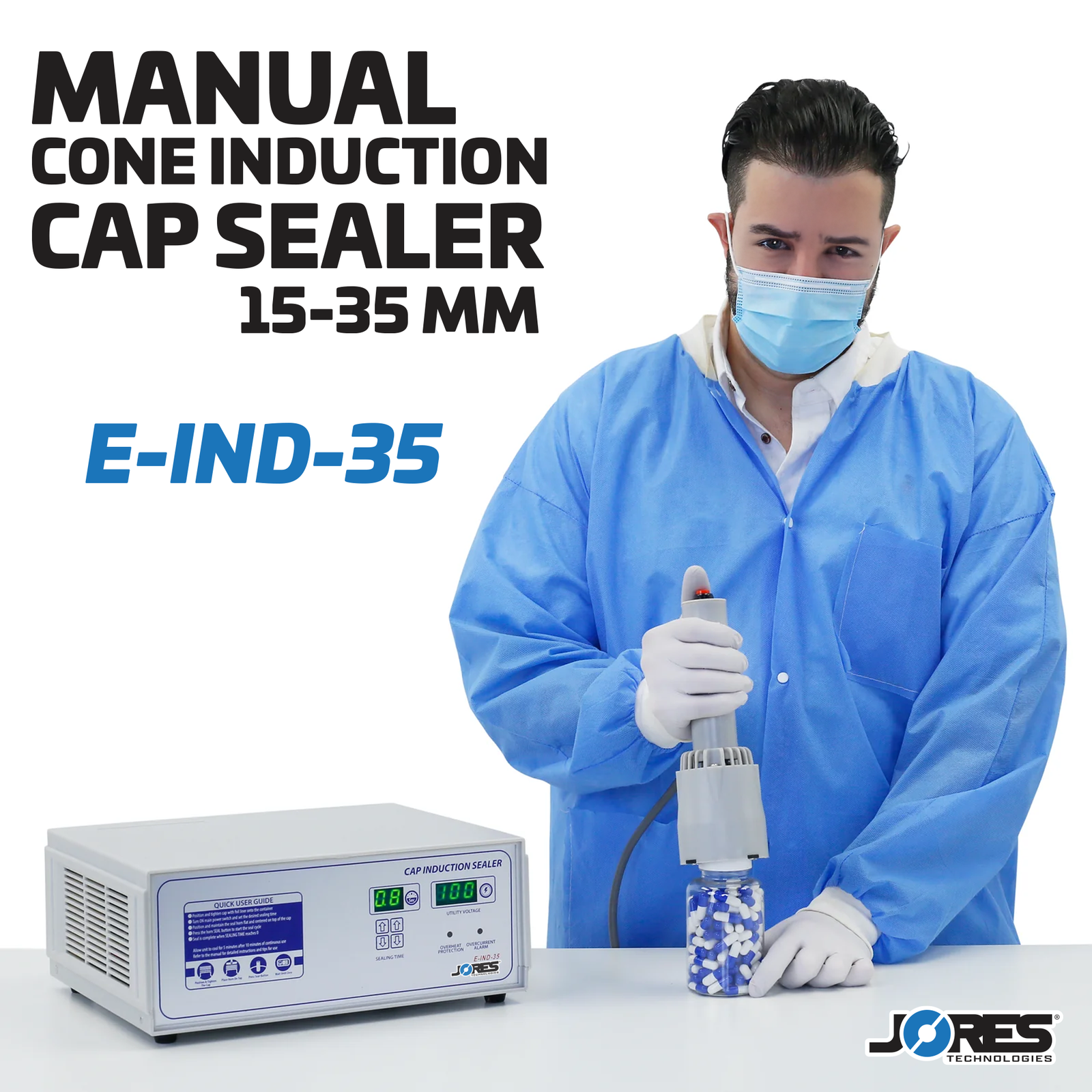 Person in a lab wearing personal protection equipment. He is sealing a bottle filled with pills with induction liners for tamper protection using the Jorestech induction cap sealer