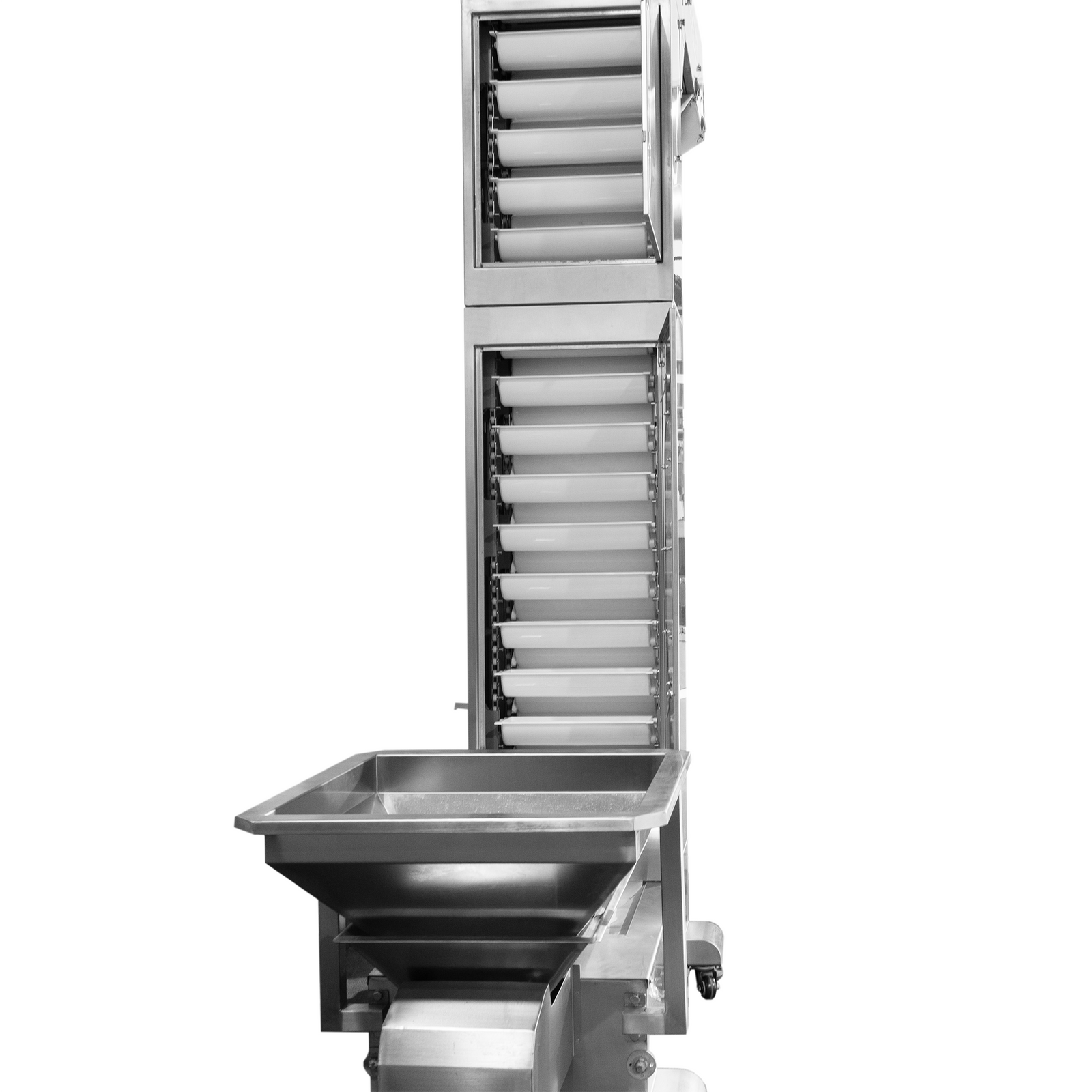 Stainless Steel Motorized Bucket Elevator with a vibrating feeder