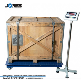 blue commercial pallet floor scale with wooden square pallet on top and digital display