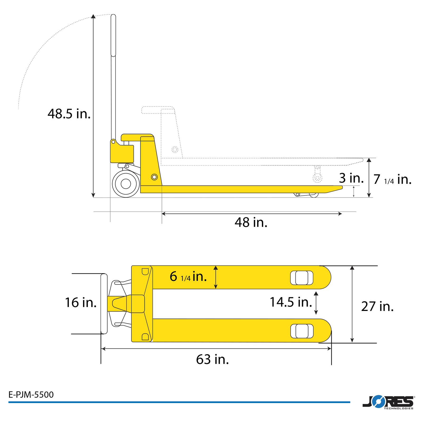 Diagram showing the dimensions of the JORES TECHNOLOGIES® Pallet Jack for 5500 pounds