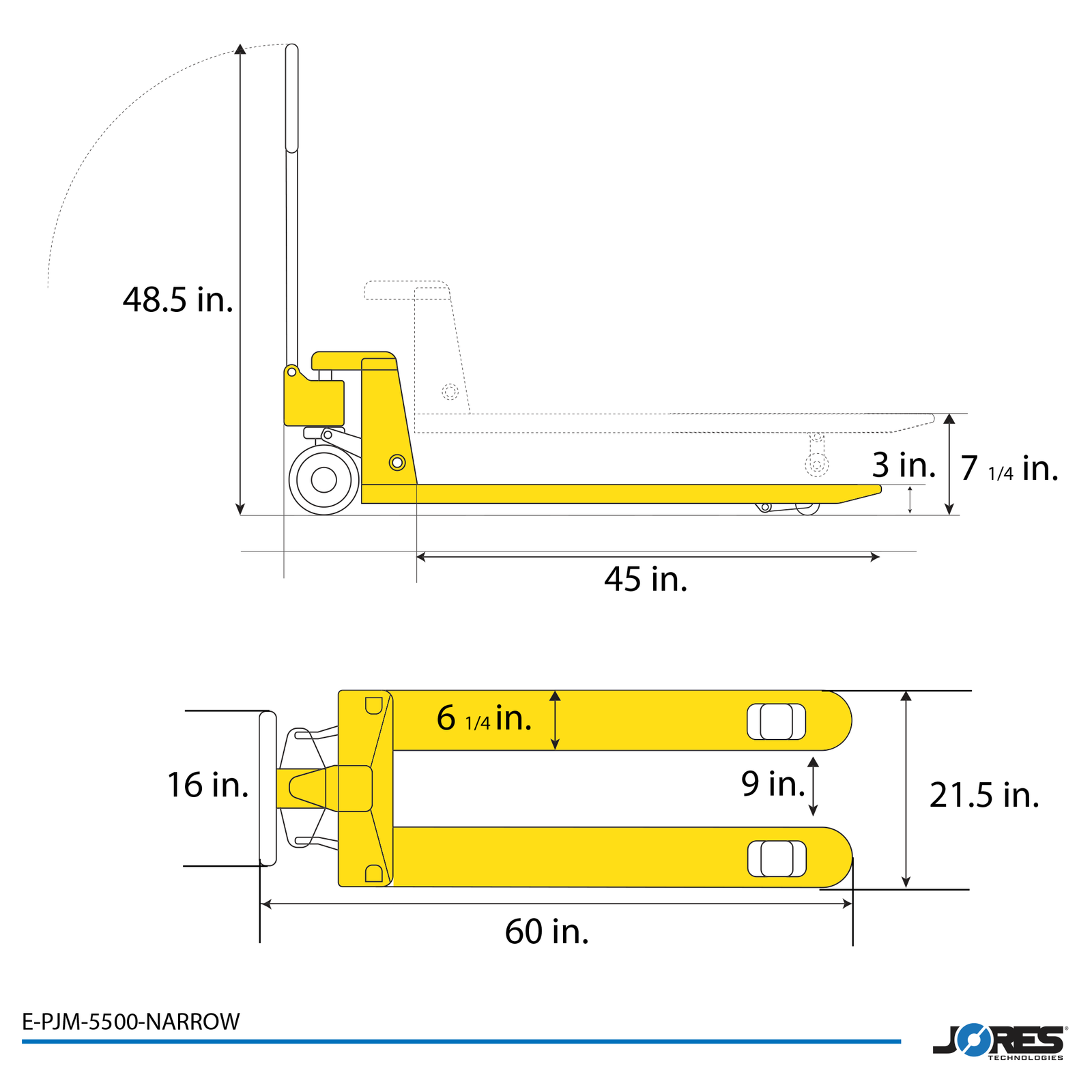 Measurements of the JORES TECHNOLOGIES® Narrow pallet jack truck 