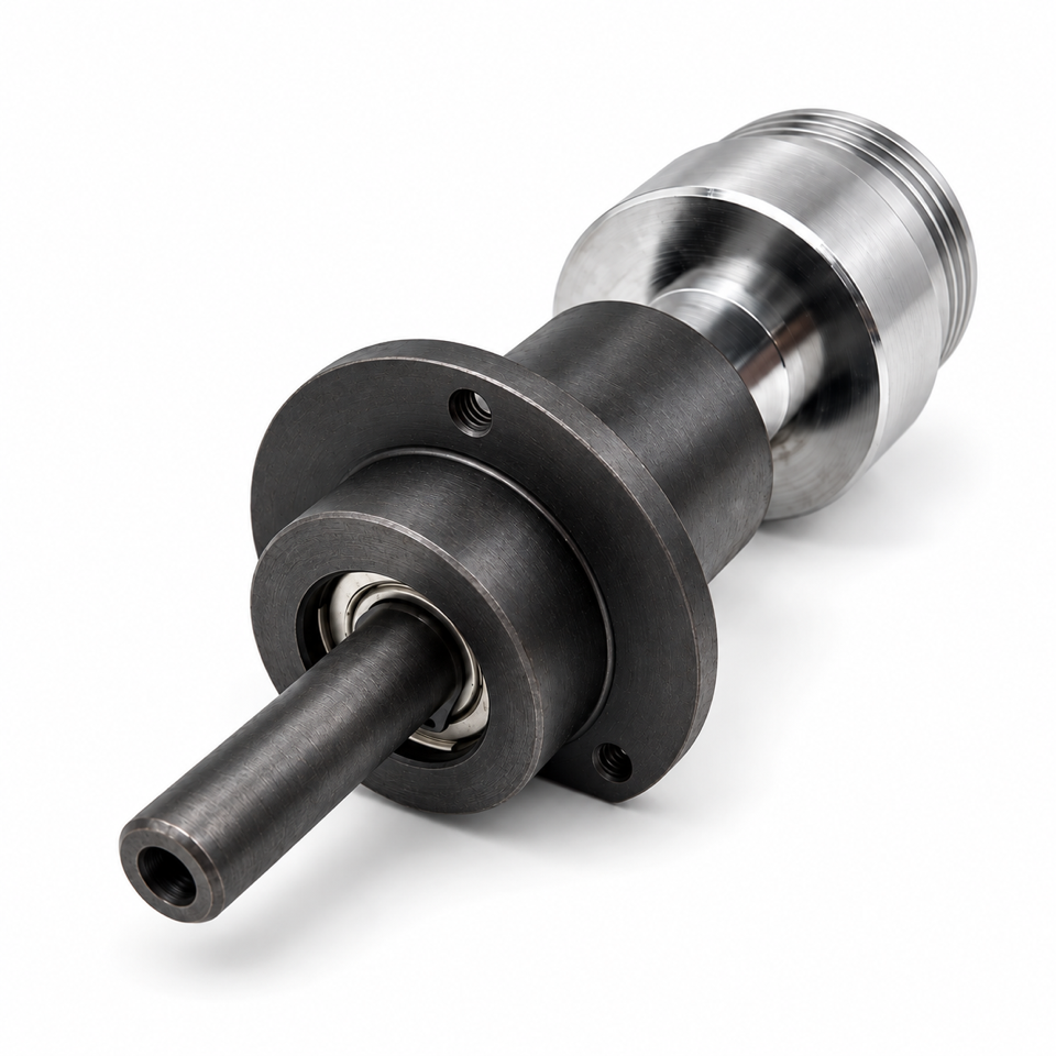 • Jores Technologies lower pinch roller assembly for the E-CBS-1010 series, shown from a rear angle highlighting the mounting shaft, integrated ball bearing, and black mounting flange against a white background.