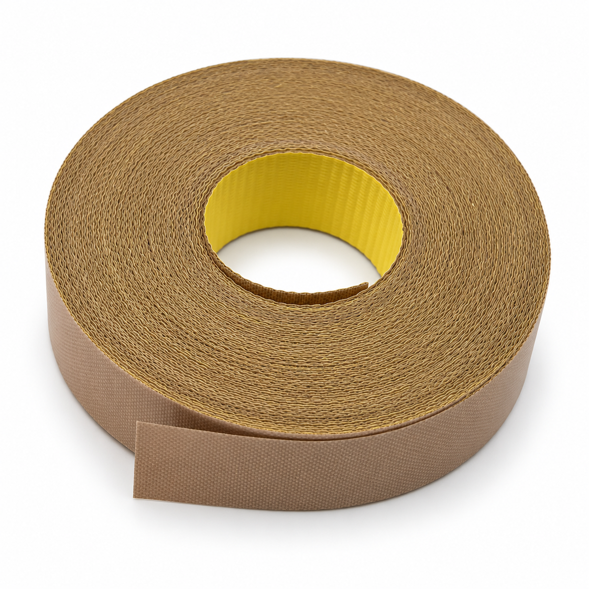 Jores Technologies P-TEF-I56 PTFE tape roll with adhesive backing, 5 mil thickness, 2cm width, and 22m length, used as a high-temperature non-stick replacement part for chamber type shrink packaging systems and impulse heat sealers.
