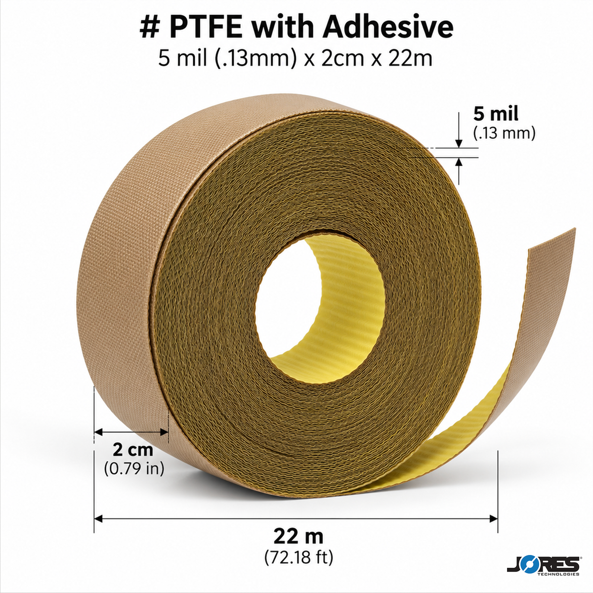 Jores Technologies P-TEF-I56 PTFE tape roll with adhesive backing, 5mil (0.13mm) thickness, 2cm (0.79 in) width, and 22m length, used as a high-temperature non-stick replacement part for chamber type shrink packaging systems.
