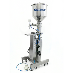 Side view of the JORES TECHNOLOGIES® Stainless Steel Pneumatic High Viscosity Piston Filler with foot pedal and hopper