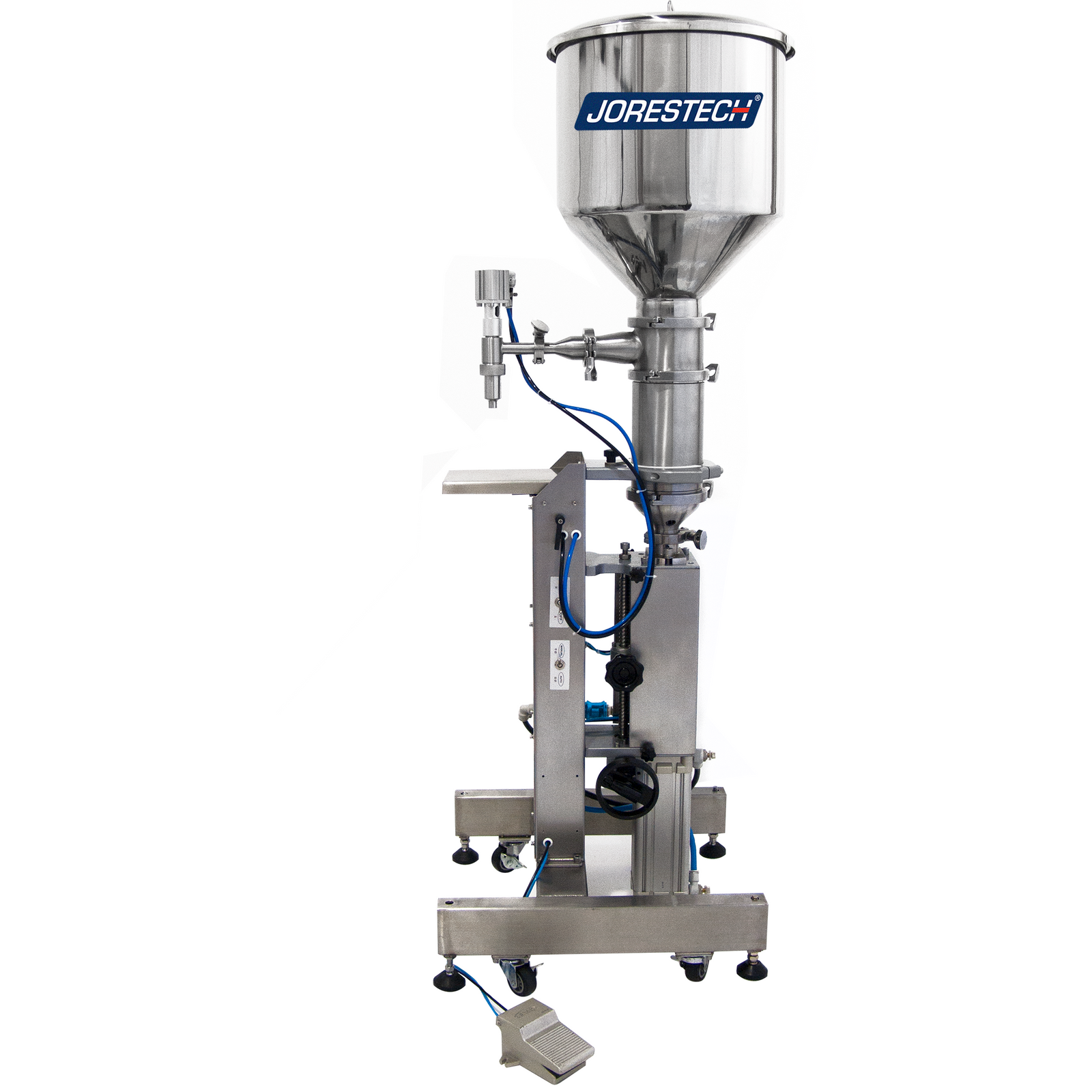 Front view of the JORES TECHNOLOGIES® Pneumatic Vertical High Viscosity Piston Filler with foot pedal and heated hopper