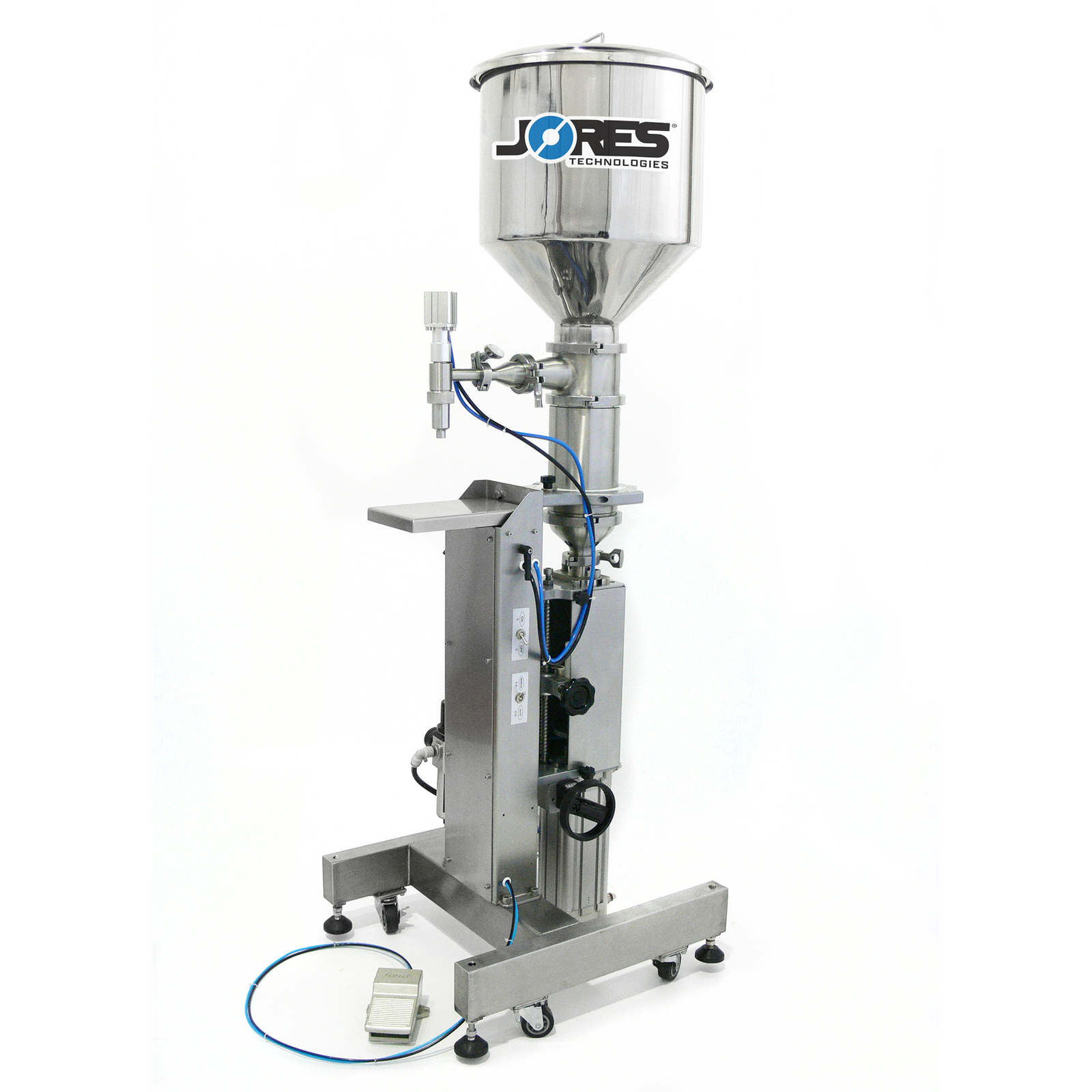 Stainless steel pneumatic high viscosity piston filler with high capacity hopper and foot pedal by JORES TECHNOLOGIES®