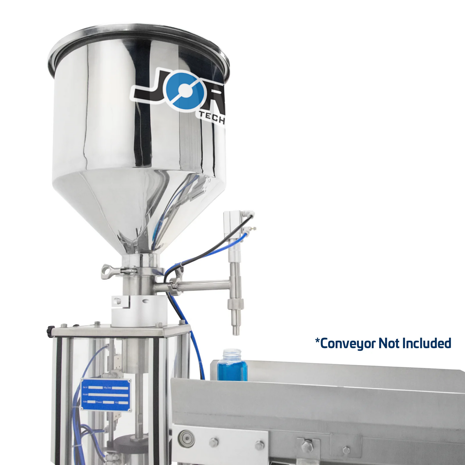 Closeup shows the high capacity hopper with lid and non-drip nozzle of the vertical piston filler next to a conveyor that has a clear bottle and has been filled with blue high viscosity gel by the piston filler