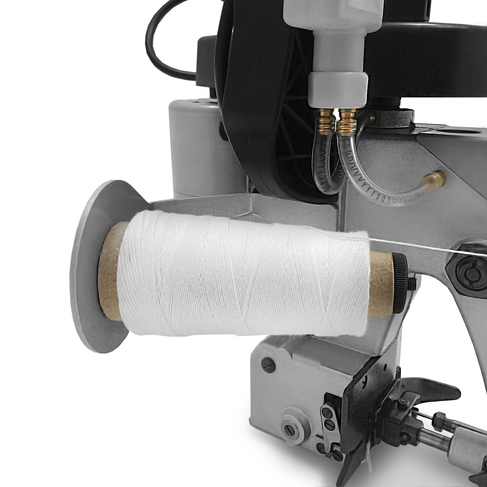 Closeup of the sewing thread installed in the portable JORES TECHNOLOGIES electric bag sewing machine