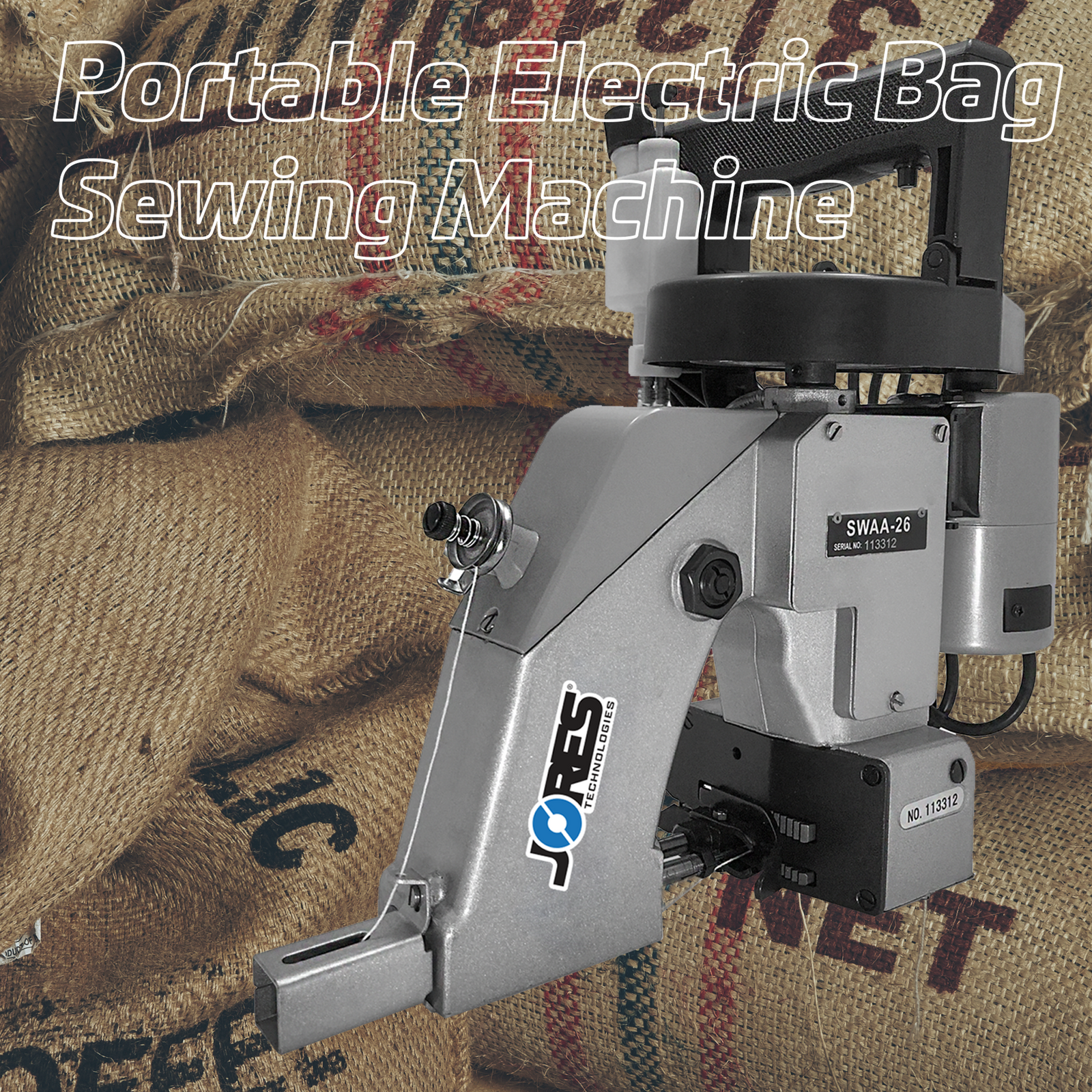 Features the portable electric bag sewing machine next to large size cloth bags