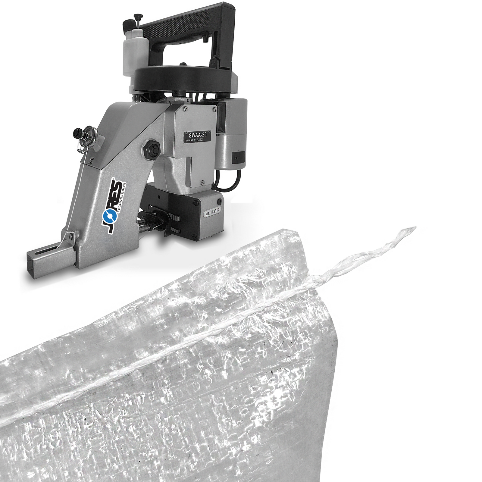 close up of stitch on white bag and steel electric bag sewing machine