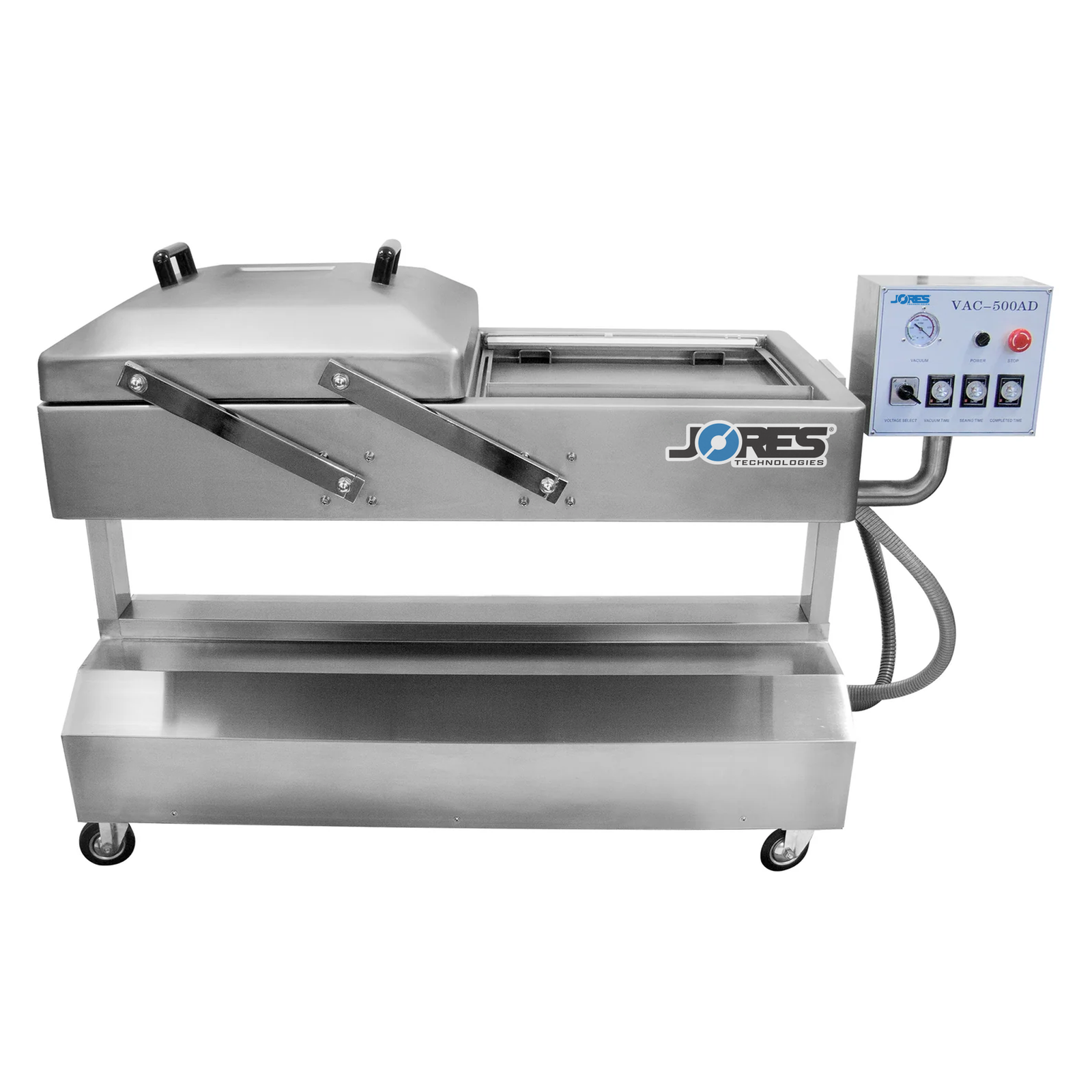 Stainless steel reclinable commercial doble chamber vacuum sealer with 20 inches seal bar. The lid of the vacuum sealer is open so both chambers are visible