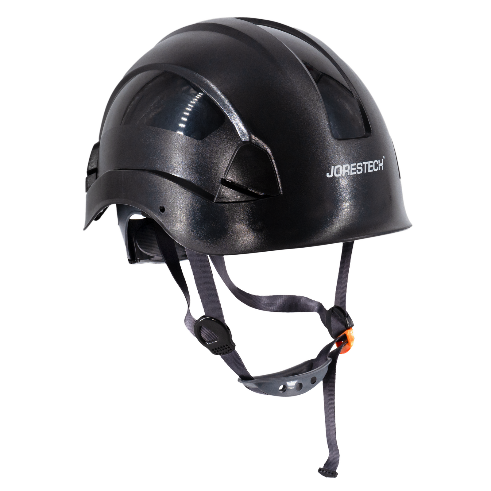 Black JORESTECH® rescue hard hat with adjustable 6 point suspension and chin strap, ANSI Z89.1-14 and Type I Class C, E, G