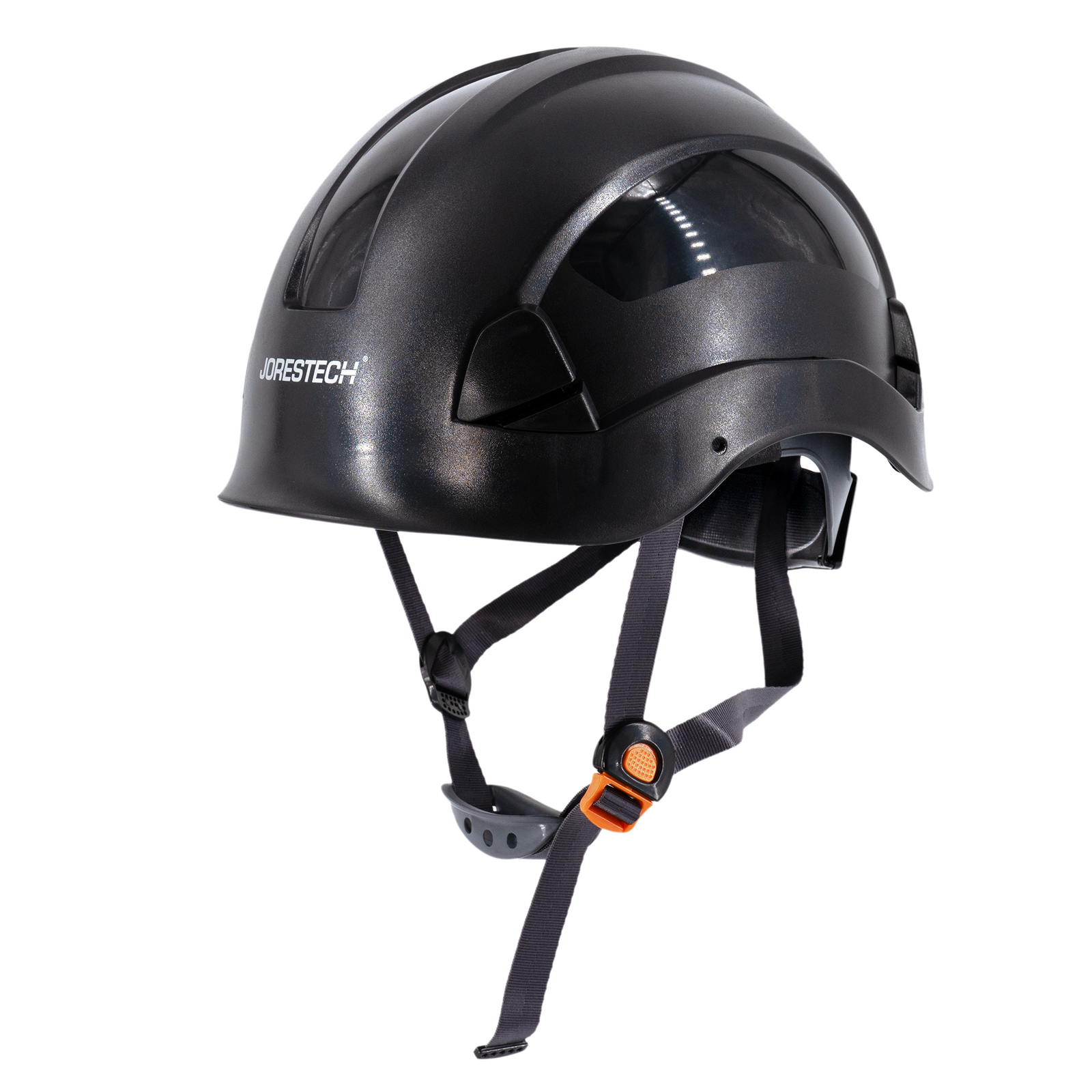Black rescue hard hat with adjustable 6 point suspension and chin strap, ANSI Z89.1-14 and Type I Class C, E, G