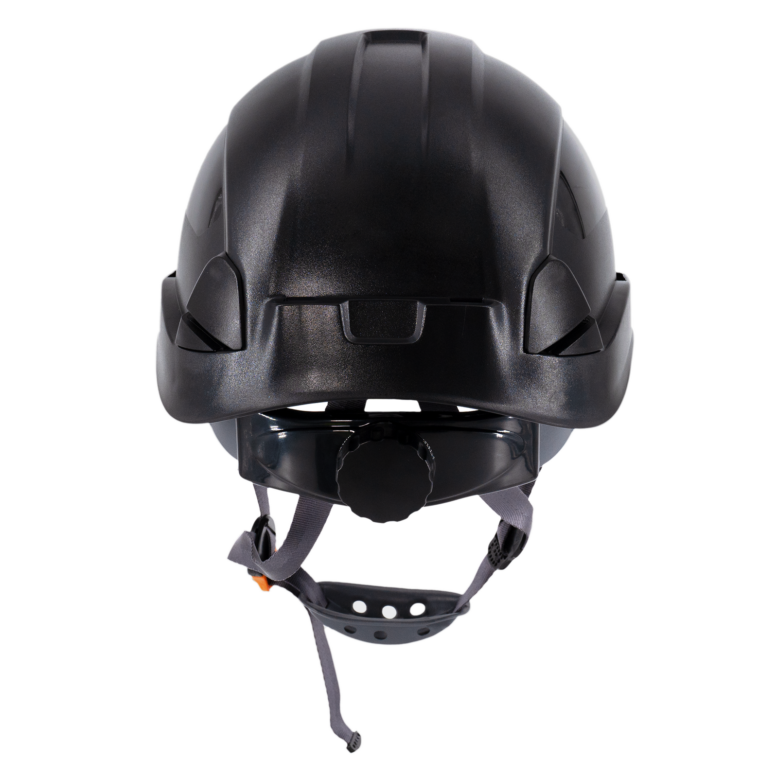Black rescue helmet with adjustable 6 point suspension and chin strap, ANSI Z89.1-14 and Type I Class C, E, G