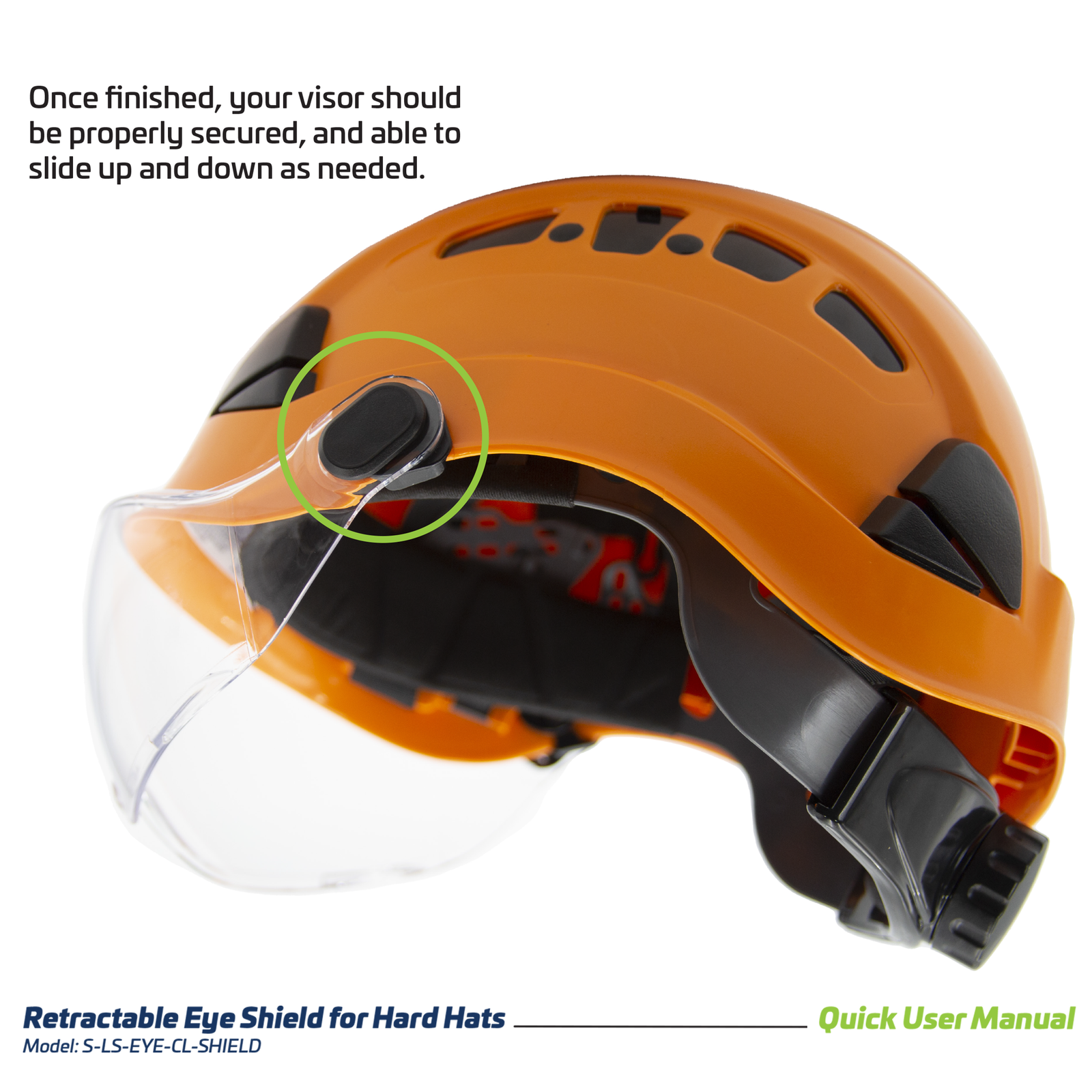 Shows a clear eye shield installed onto a compatible hard hat 