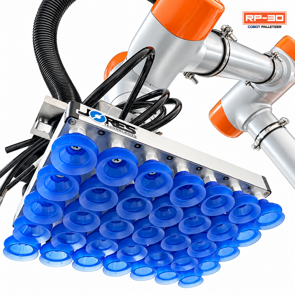  Industrial vacuum suction gripper plate detail, showcasing the multi-cup blue bellows array for robotic case packing and pallet manipulation systems.
